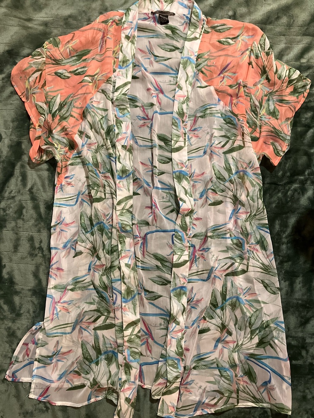 Cejon Sheer Botanical Kimono Tunic in Coral, White & Green